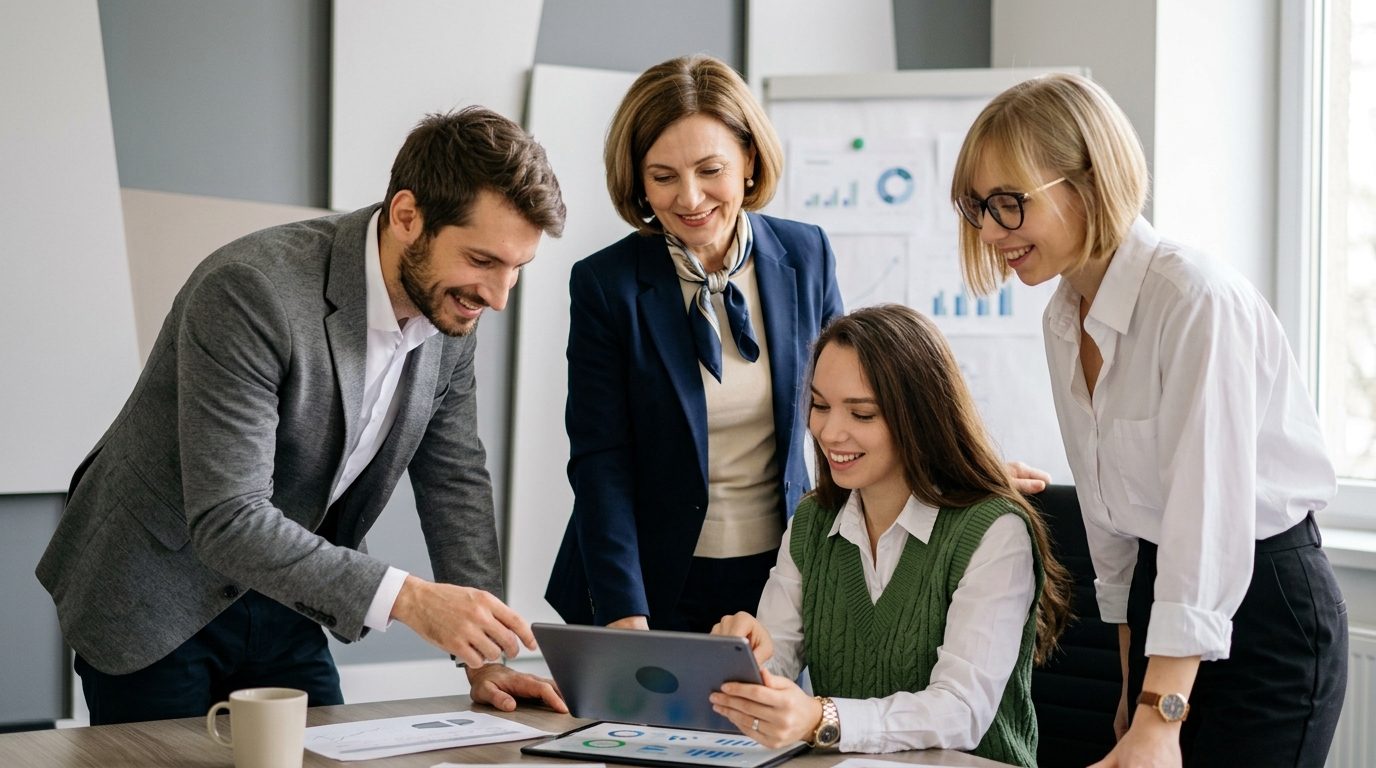 Vier Professionals besprechen Ergebnisse auf einem Tablet
