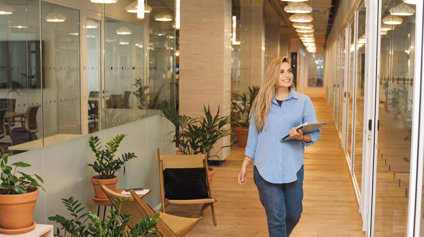 Professional geht mit Tablet lächelnd durch ein helles Büro