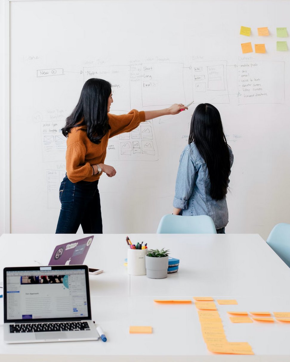 Zwei Gründerinnen skizzieren ein Produkt am Whiteboard