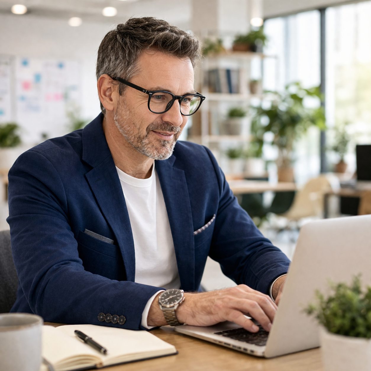 Professional im Blazer arbeitet konzentriert am Laptop