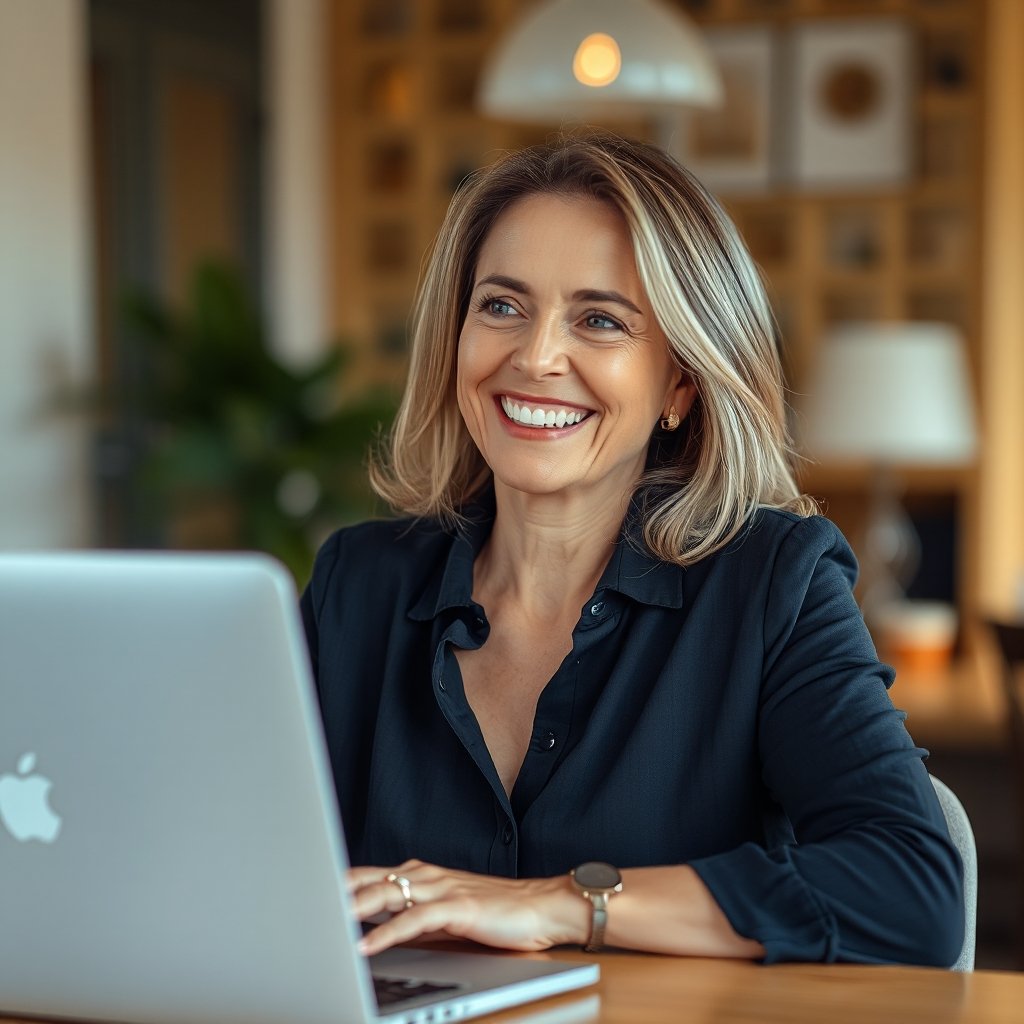 Erfahrene Professional arbeitet lächelnd am Laptop